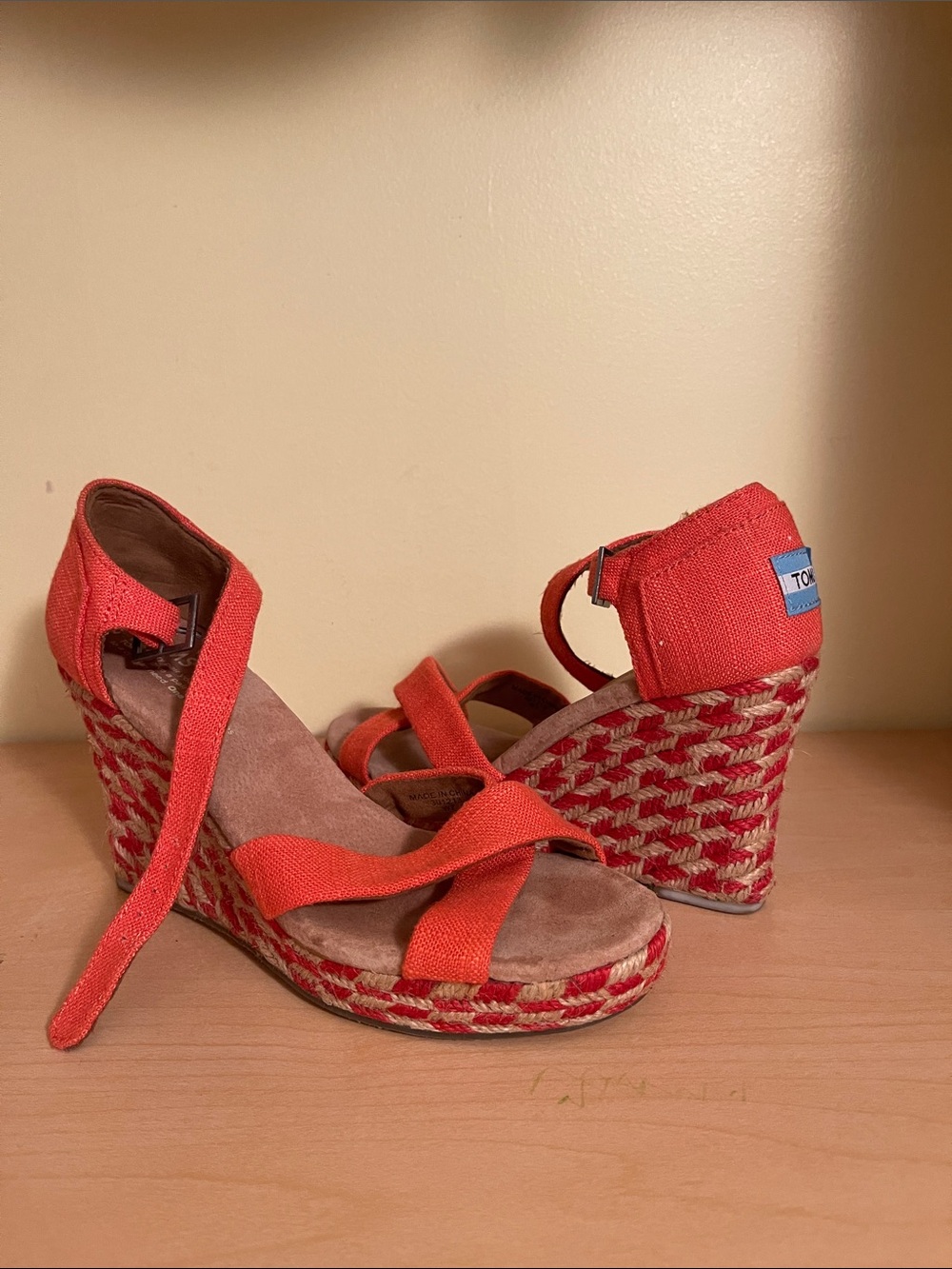 Toms Orange Red Woven Espadrille Wedge Sandals
